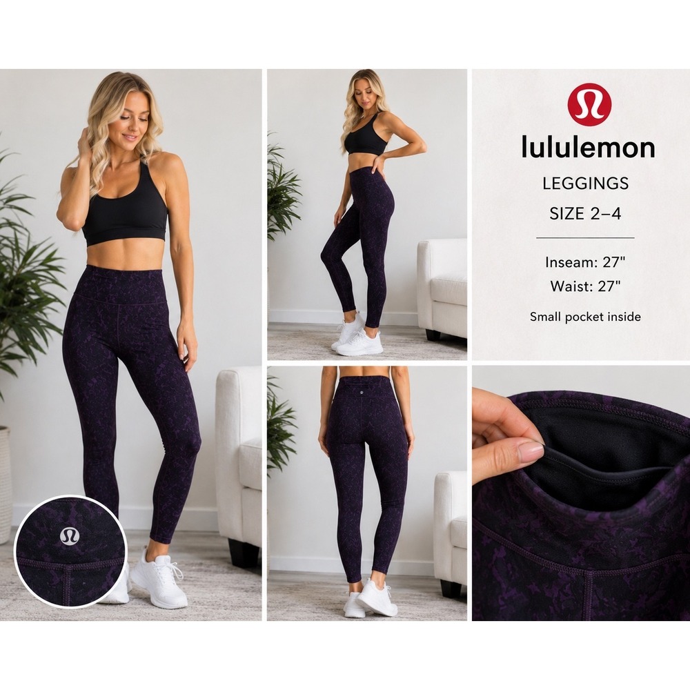 Lululemon High Rise Leggings Purple Black Damask Floral Print Size 2-4 27 Inseam